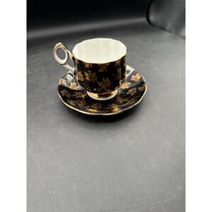 Elizabethan Fine Bone China Tea Cup/Saucer-Black Gold Floral/Blue Rose